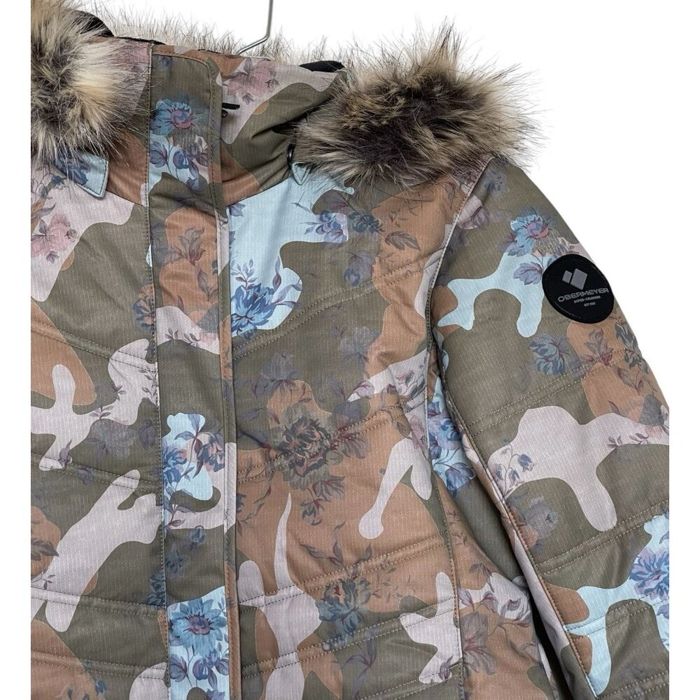 Obermeyer Ski Jacket Womens Size 6 Tuscany II Green Blue Camo Floral Faux Fur - Picture 2 of 12